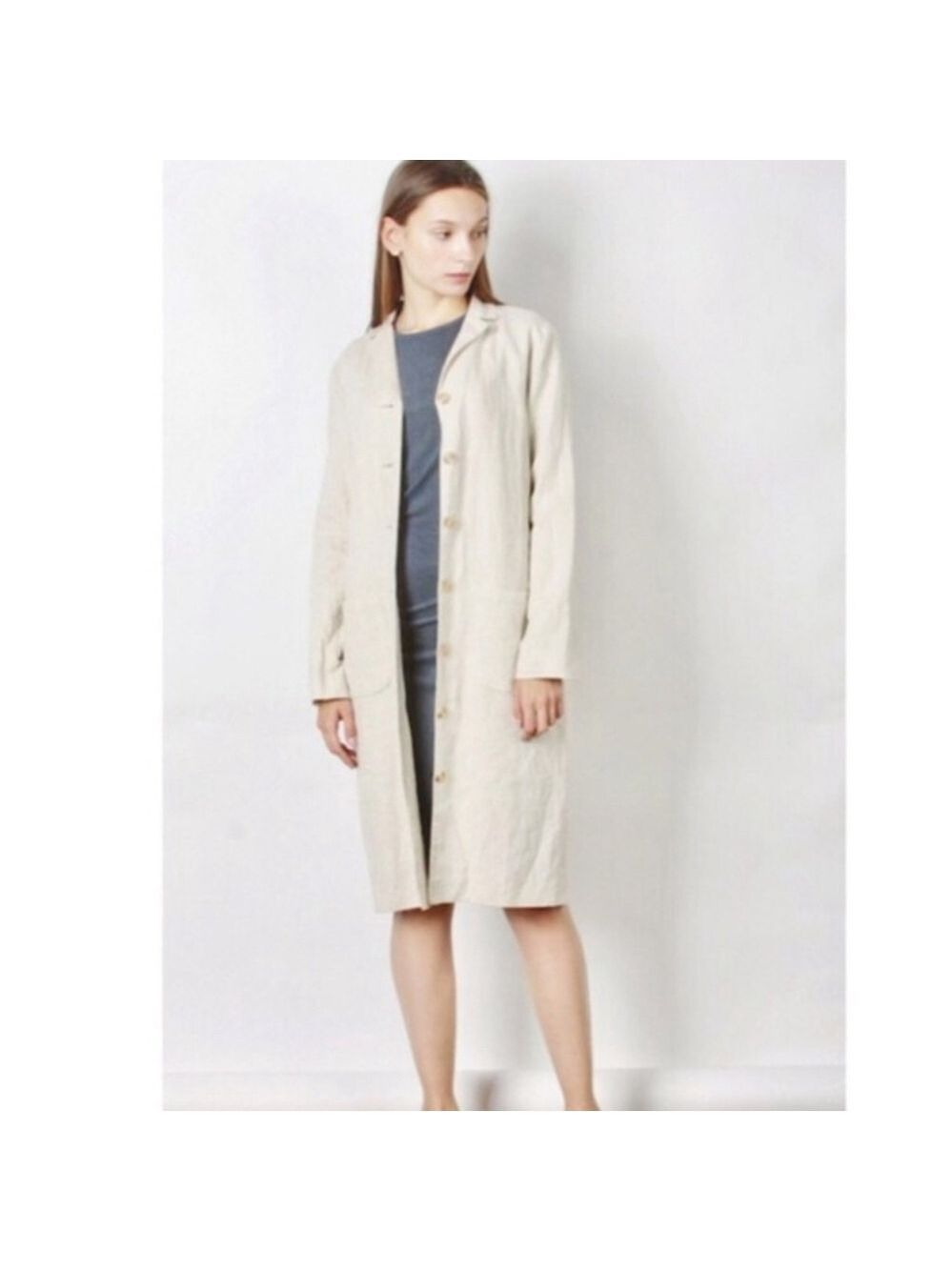 Mod Ref Minimalist Beige Linen Duster Coat Sz Large